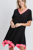 Black/Hot Pink Handkerchief Hem Short Sleeve Dress